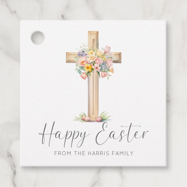 Étiquettes Cadeau Joyeuse croix de Pâques Floral (Devant)