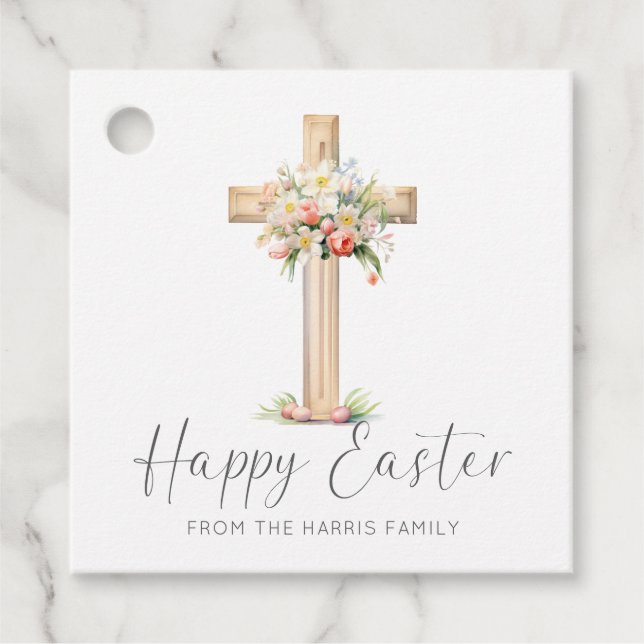 Étiquettes Cadeau Joyeuse croix de Pâques Floral (Devant)