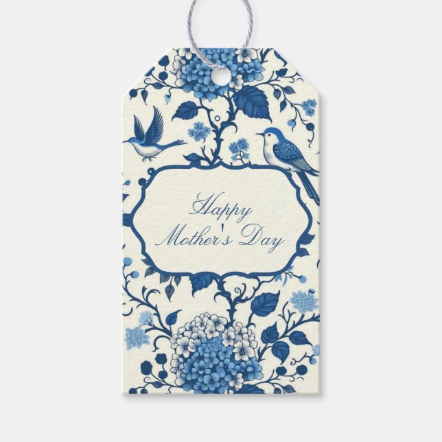 Étiquettes-cadeau Joyeuse Fête des Mères Élégante Chinoiserie Bleue  (Devant)