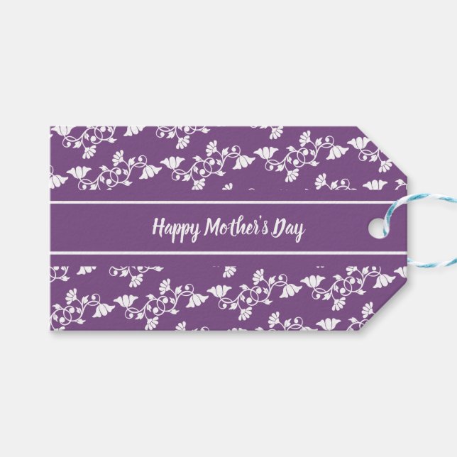 Étiquettes-cadeau Joyeuse fête des mères Fleurs violettes et blanche (Devant (Horizontal))