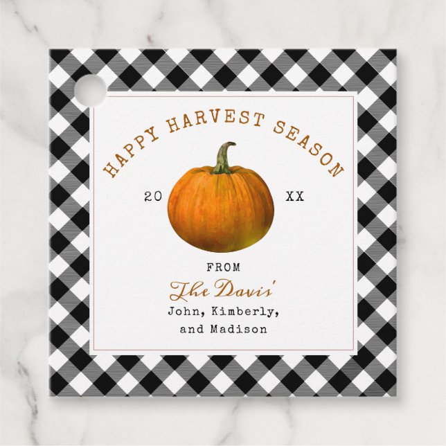 Étiquettes Cadeau Joyeuse récolte Thanksgiving Citrouille Plaid (Devant)