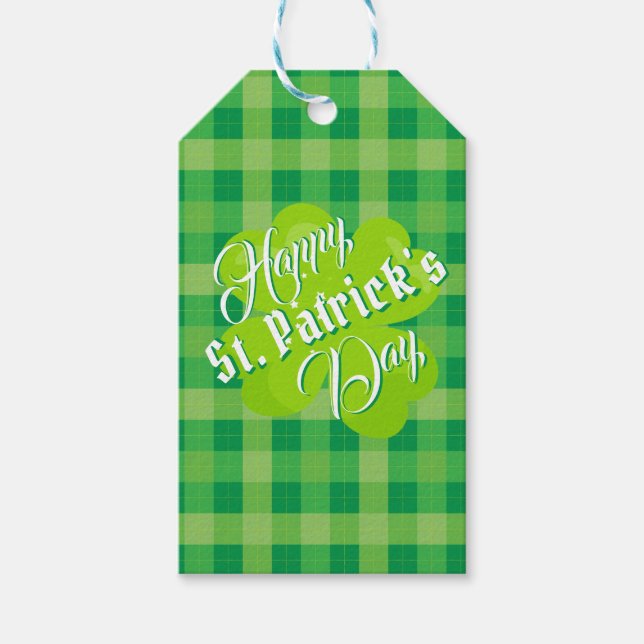 Étiquettes-cadeau Joyeuse Saint-Patrick Vert Tartan Trèfle Chanceux (Devant)
