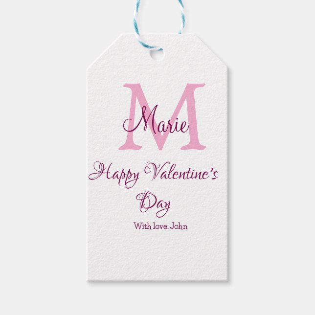 Étiquettes-cadeau Joyeuse Saint-Valentin monogramme rose nom amour f (Devant)