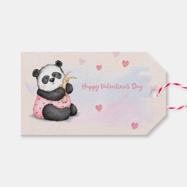 Étiquettes-cadeau Joyeuse Saint-Valentin Panda Lapin à l'aquarelle C (Devant (Horizontal))