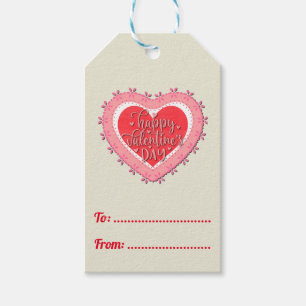 Étiquettes-cadeau Joyeuse Saint-Valentin sur Cadre de Cœur et Fleurs