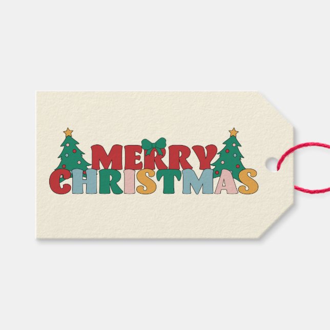 Étiquettes-cadeau Joyeuse typographie de Noël Pin Arbre Décoré (Devant (Horizontal))