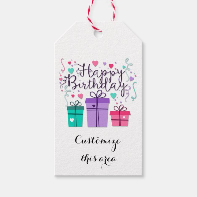 Étiquettes-cadeau Joyeuses boîtes cadeaux d'anniversaire sur la Pers (Devant)