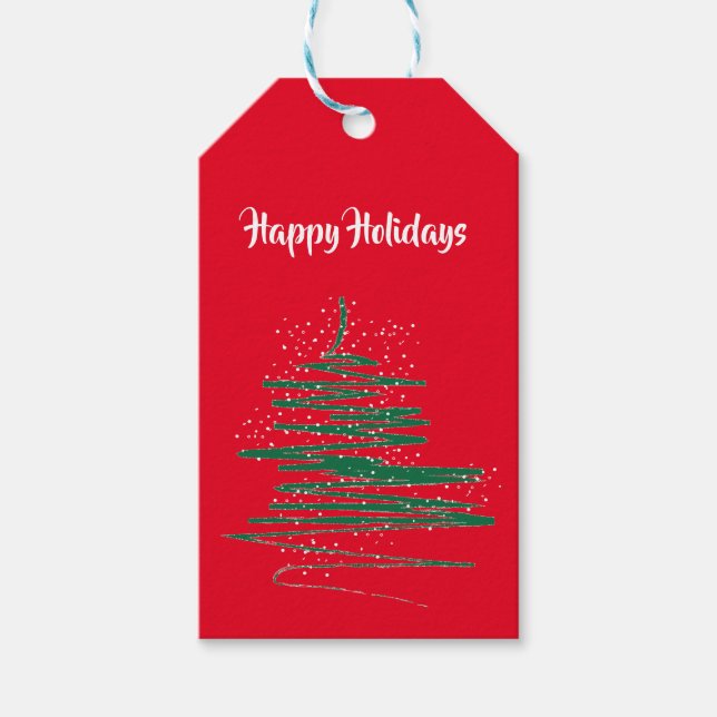 Étiquettes-cadeau Joyeuses Fêtes Arbre Moderne Capriceux Rouge (Devant)