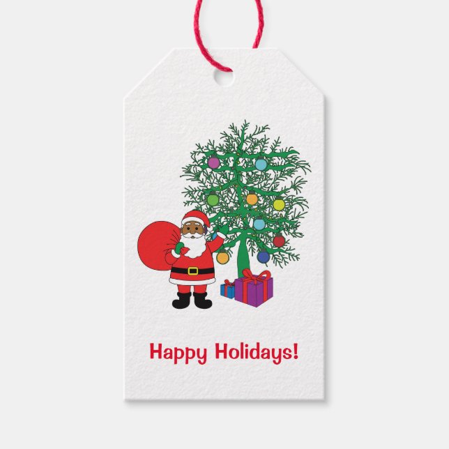 Étiquettes-cadeau Joyeuses fêtes Famille de Père Noël afro-américain (Devant)