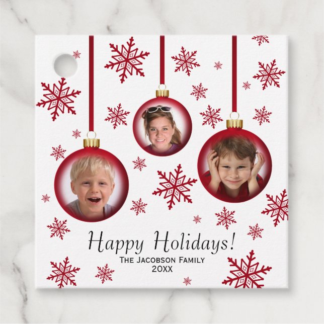 Étiquettes Cadeau Joyeuses fêtes Red Baubles 3 Photo (Devant)
