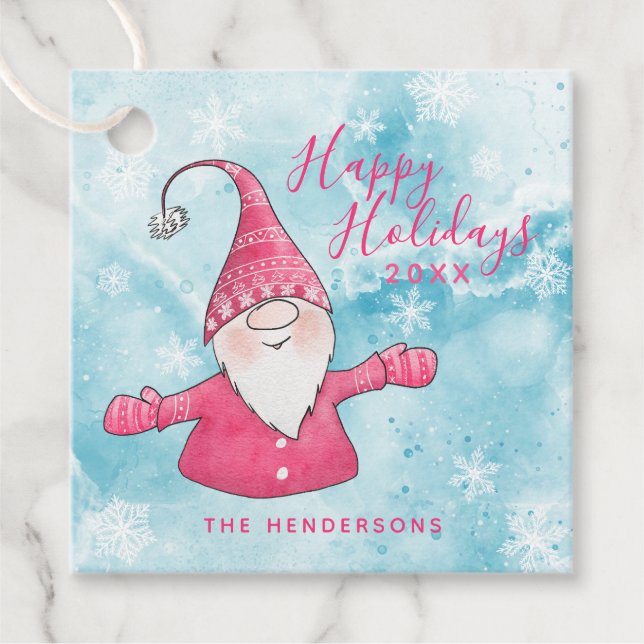 Étiquettes Cadeau Joyeuses fêtes rose et bleu mignonne Gnome Noël (Devant)