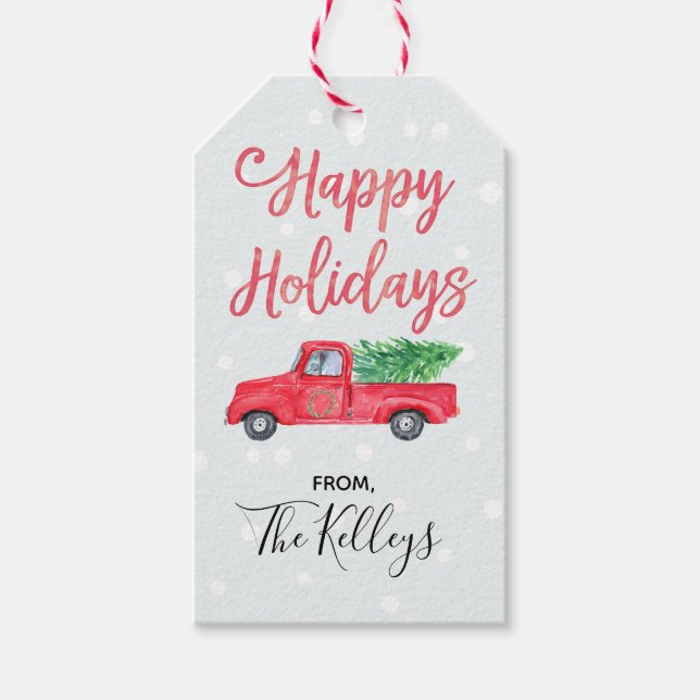 Étiquettes-cadeau Joyeuses fêtes | Watercolor Retro Red Truck (Devant)