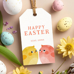 Étiquettes-cadeau Joyeuses Pâques avec deux poussins en jaune et ros