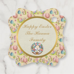 Étiquettes Cadeau Joyeuses Pâques avec un lapin mignon, des œufs et