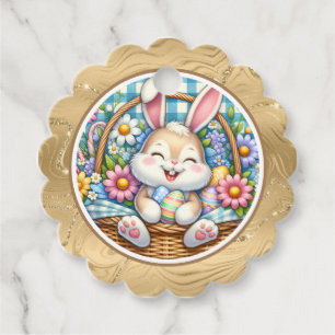 Étiquettes Cadeau Joyeuses Pâques avec un lapin mignon, des œufs et