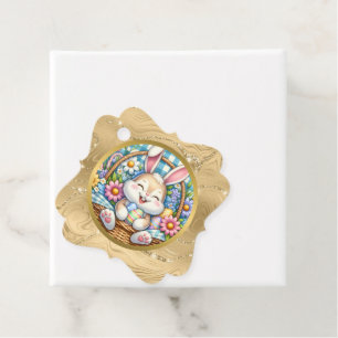 Étiquettes Cadeau Joyeuses Pâques avec un lapin mignon, des œufs et