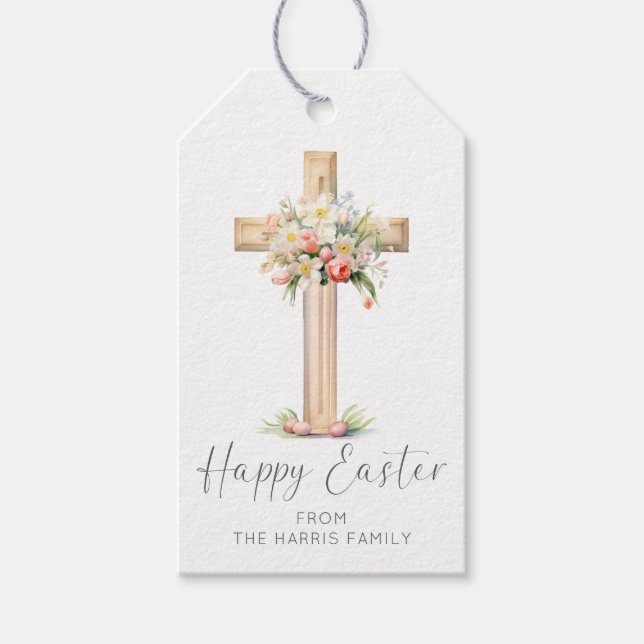 Étiquettes-cadeau Joyeuses Pâques Croix Florale (Devant)