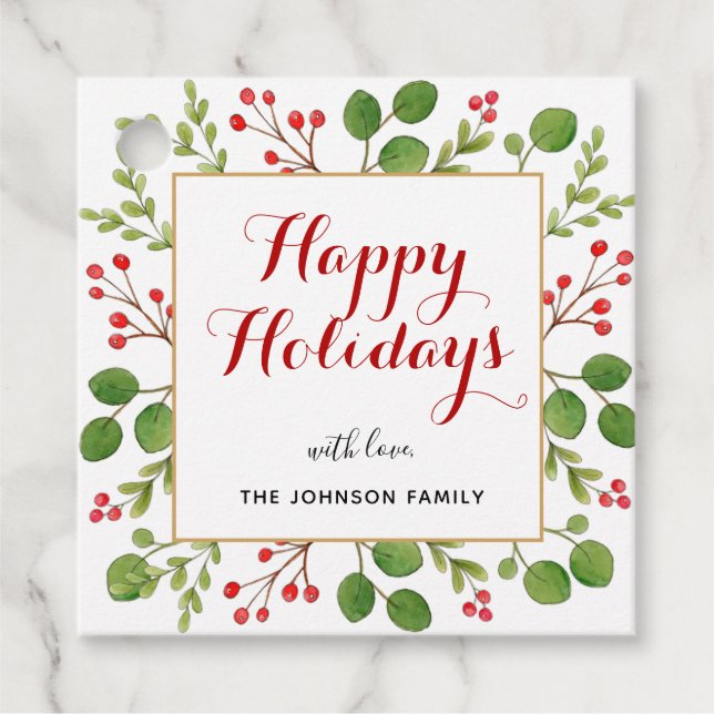 Étiquettes Cadeau Joyeuses vacances Aquarelle hiver verdure carré (Devant)