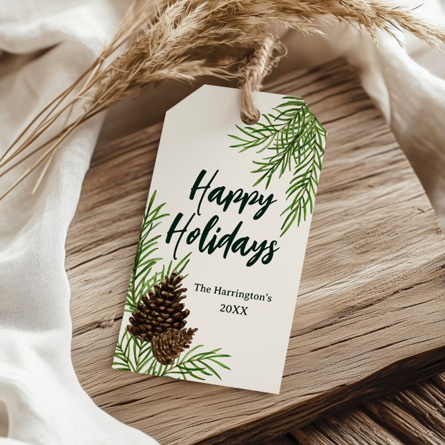 Étiquettes-cadeau Joyeuses Vacances Aquarelle Pine ivoire Noël (Créateur téléchargé)
