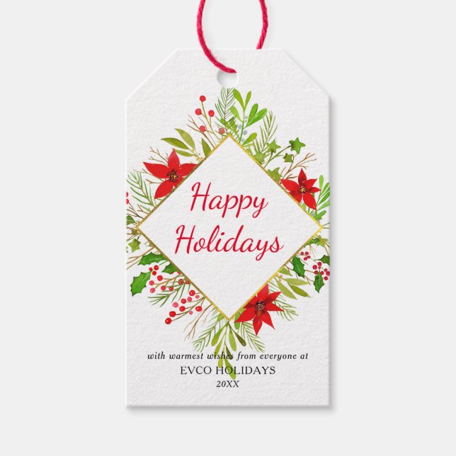 Étiquettes-cadeau Joyeuses vacances Aquarelle Poinsettia | Noël (Devant)