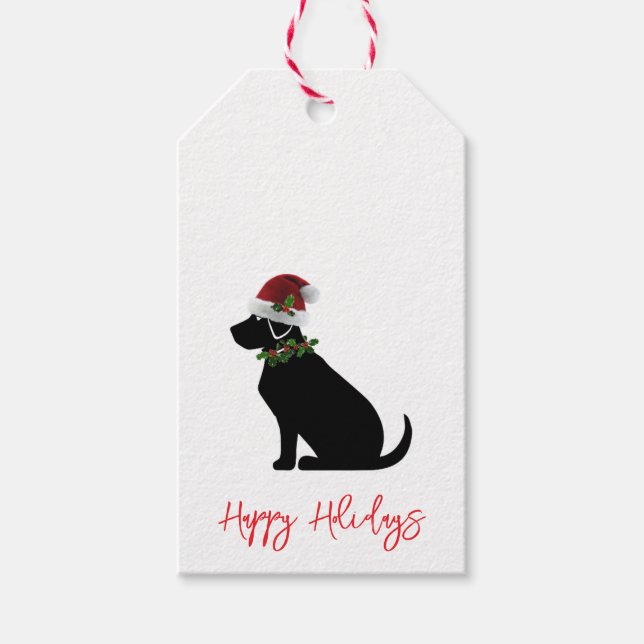 Étiquettes-cadeau Joyeuses vacances Chien noir Santa Hat Holly Festi (Devant)