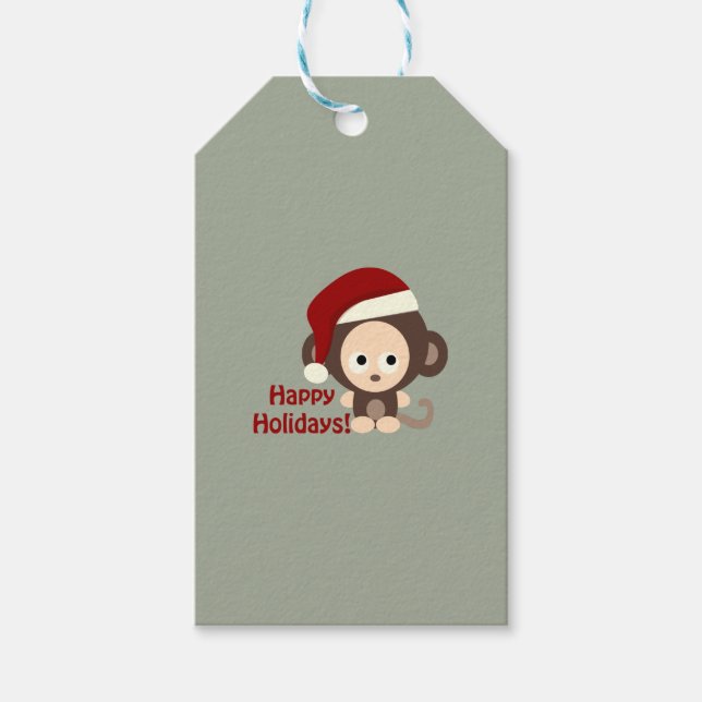 Étiquettes-cadeau Joyeuses Vacances Cute Père Noël Monkey (Devant)