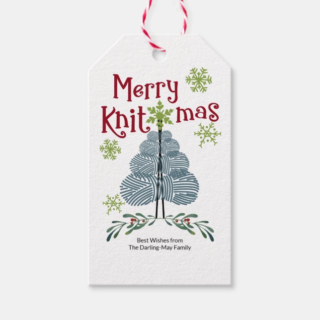 Étiquettes-cadeau Joyeuses vacances de tricot d'arbre de Noël de fil (Devant)