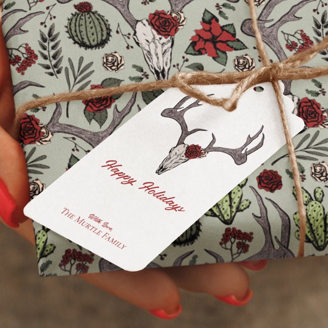 Étiquettes-cadeau Joyeuses vacances Floral Reindeer Crâne Taureau Ta (Custom "Happy Holidays" Country Western Christmas Hand-Drawn Reindeer Skull, Antlers, Red Roses.)