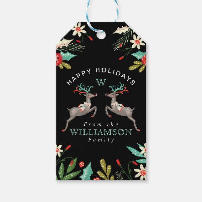 Étiquettes-cadeau Joyeuses vacances Reindeer Monogramme & Festive Fo (Devant)