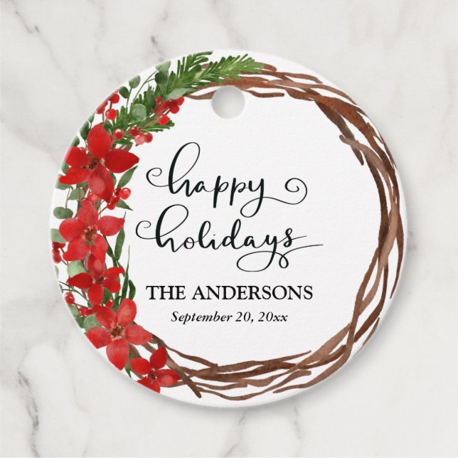 Étiquettes Cadeau Joyeuses Vacances Rouge Floral Aquarelle Wreath (Devant)
