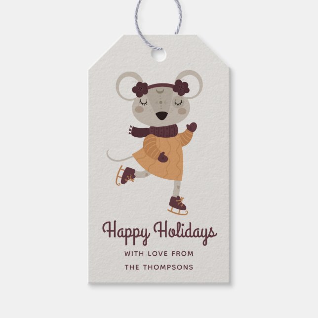 Étiquettes-cadeau Joyeuses vacances Souris de patinage sur glace per (Devant)