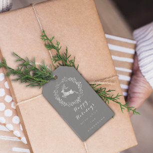 Étiquettes-cadeau Joyeuses vacances Wreath Joy Grey Grey White Deer