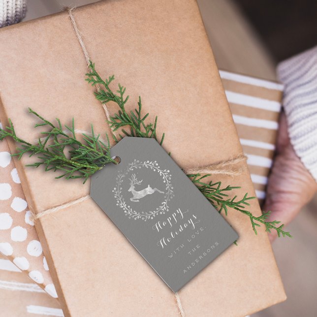 Étiquettes-cadeau Joyeuses vacances Wreath Joy Grey Grey White Deer (Happy Holidays Wreath Joy Gray Grey White Deer Gift Tags)