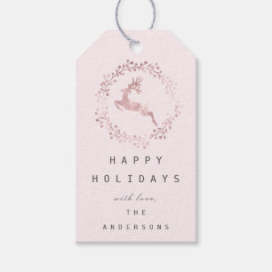 Étiquettes-cadeau Joyeuses vacances Wreath Joy Rose Pastel Deer