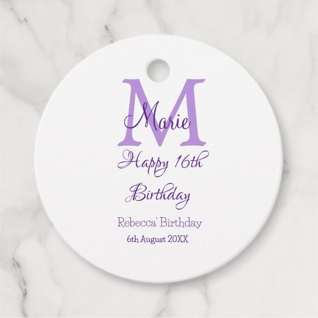 Étiquettes Cadeau Joyeux 16e anniversaire violet ajouter nom monogra (Devant)