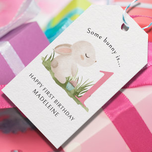 Étiquettes-cadeau Joyeux 1er anniversaire de la fille de lapin rose 
