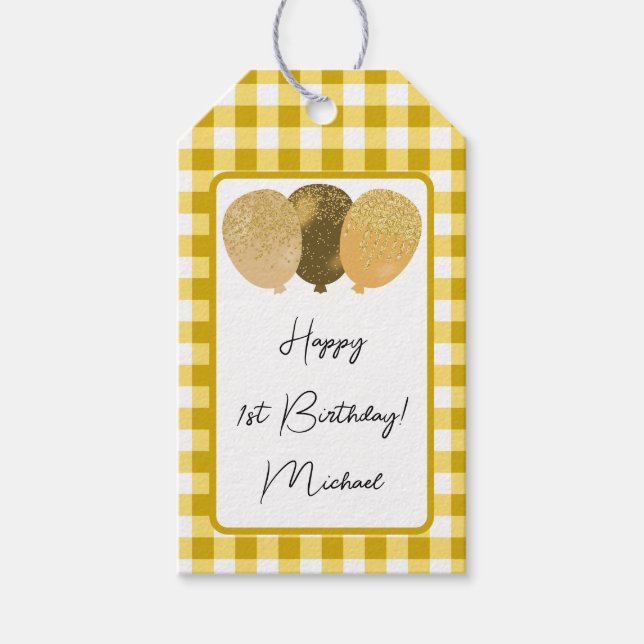 Étiquettes-cadeau Joyeux 1er anniversaire & En vichy et ballons jaun (Devant)