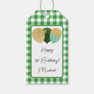 Étiquettes-cadeau Joyeux 1er anniversaire & En vichy et ballons vert