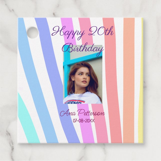 Étiquettes Cadeau Joyeux 20e anniversaire arc-en-ciel lignes boho ru (Devant)