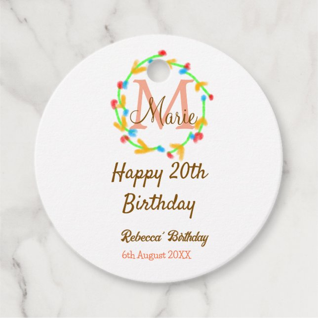 Étiquettes Cadeau Joyeux 20e anniversaire rouge ajouter nom monogram (Devant)