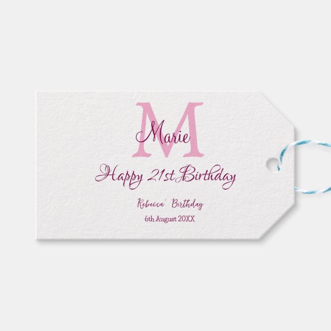 Étiquettes-cadeau Joyeux 21e Anniversaire rose ajouter nom monogramm (Devant (Horizontal))