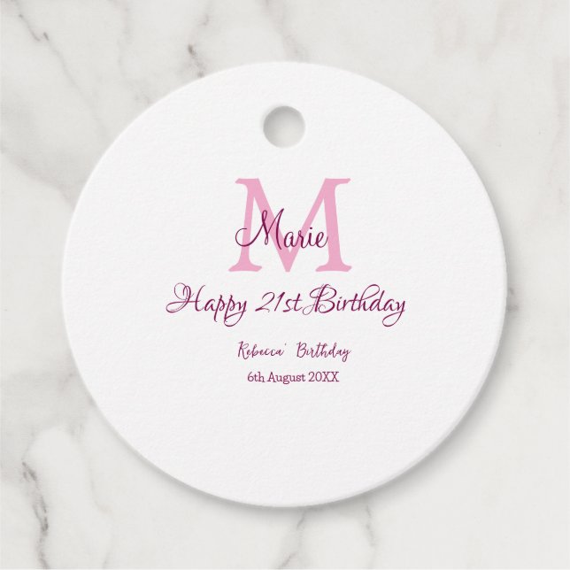Étiquettes Cadeau Joyeux 21e Anniversaire rose ajouter nom monogramm (Devant)