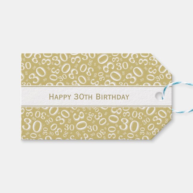 Étiquettes-cadeau Joyeux 30e anniversaire Gold/Motif numérique blanc (Devant (Horizontal))