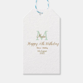 Étiquettes-cadeau Joyeux 30e Anniversaire monogramme pastel vert dor