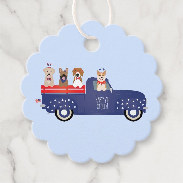 Étiquettes Cadeau Joyeux 4 Juillet Chiens Pickup Camion (Devant)