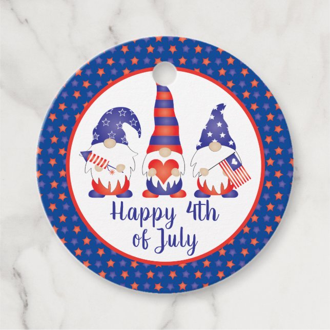 Étiquettes Cadeau Joyeux 4 juillet Gnomes Rouge Blanc Bleu (Devant)