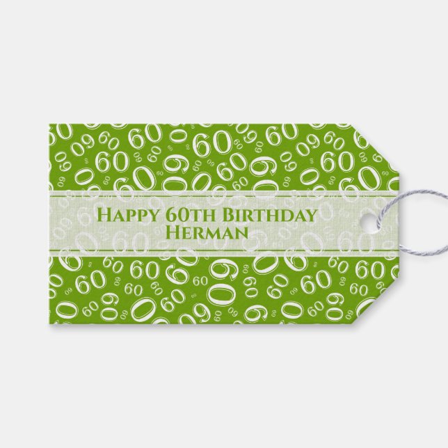 Étiquettes-cadeau Joyeux 60e anniversaire Motif vert/blanc (Devant (Horizontal))