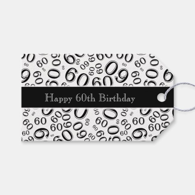Étiquettes-cadeau Joyeux 60e anniversaire Numéro Motif noir/blanc (Devant (Horizontal))