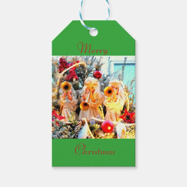 Étiquettes-cadeau Joyeux anges de Noël trompant (Devant)