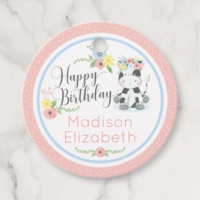 Étiquettes Cadeau Joyeux anniversaire Bébé Vache Floral 1er annivers (Devant)
